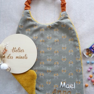 Serviette de cantine personnalisable/serviette élastique enfant/Bavoir maternelle éponge bambou/rentrée scolaire/cadeau petit prix Babette la chouette