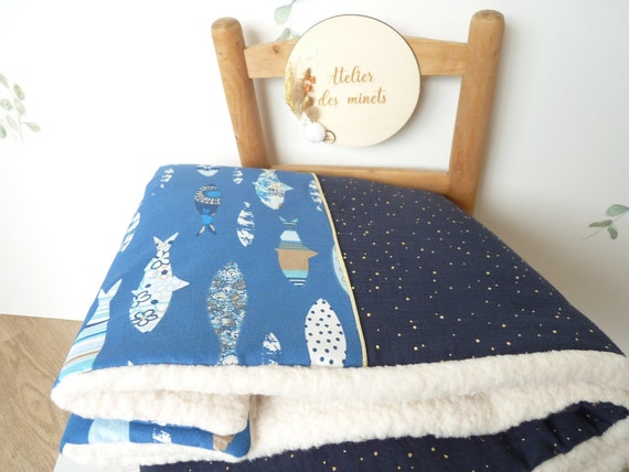 Couverture bébé  en double gaze de coton /Couverture BB en  coton imprimé/Doublure Minky Doudou Sherpa / molletonnée