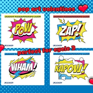 Valentijnsdag kinderkaarten | Pop-artplezier | Klassieke gesprekken | CC-cyclus 3 | Afdrukbare pdf | Set van 4"