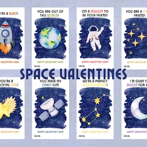 May include: A set of eight space-themed Valentine's Day cards. Each card features a watercolor illustration of space elements like a rocket, planet, astronaut, stars, and moon. The cards have phrases like "You're a Blast!" and "Happy Valentine's Day!"