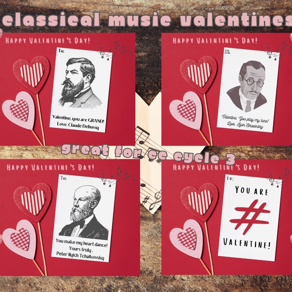 Valentines Day cards | Classical Music | Composers | Classical Conversations | CC Cycle 3 | Printable PDF | Valentines gift tags | Set of 4