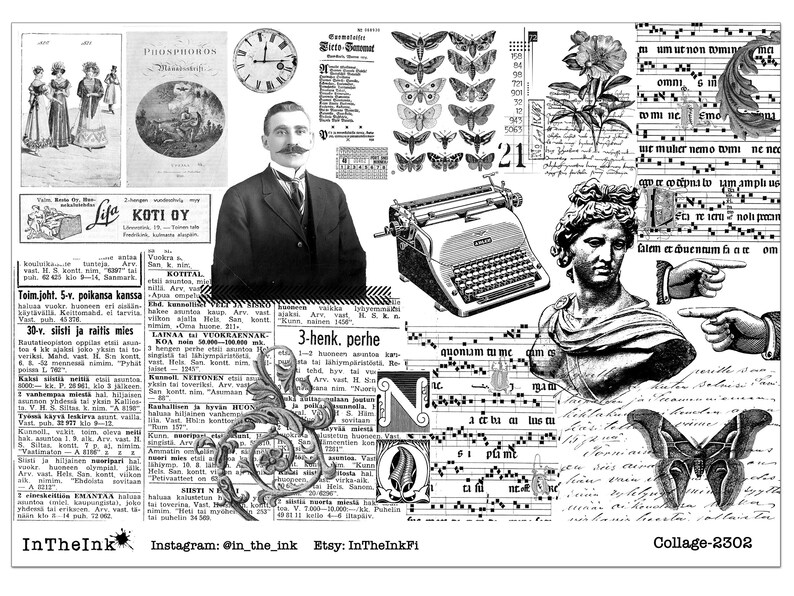 Printable Vintage Collage Paper, Black & White, Junk Journal, Instant