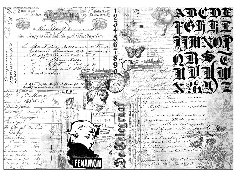 Printable Vintage Collage Paper, Black & White, Junk Journal, Instant