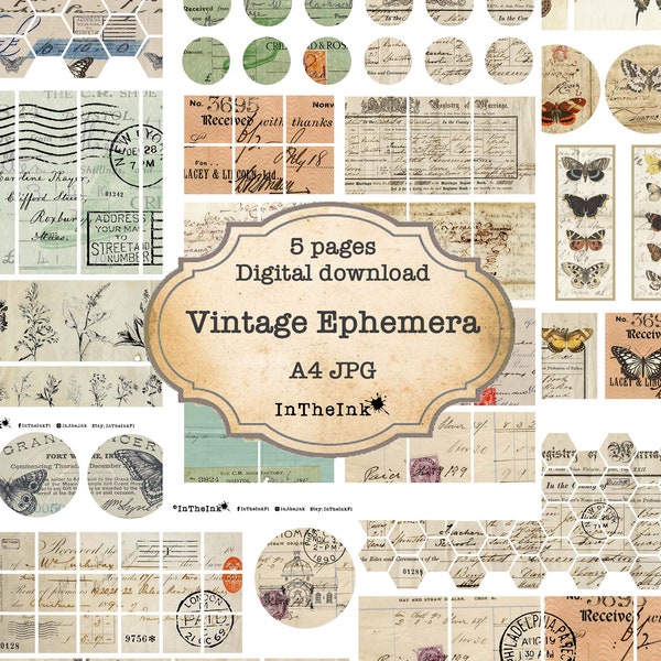 Vintage ephemera. Printable Collage Sheet, Digital Collage Sheet, Digital Download
