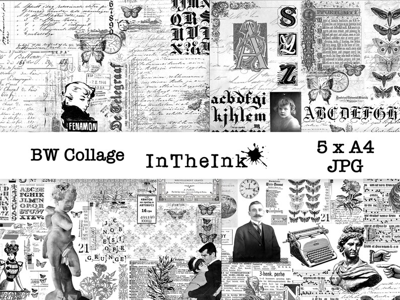 Printable Vintage Collage Paper, Black & White, Junk Journal, Instant
