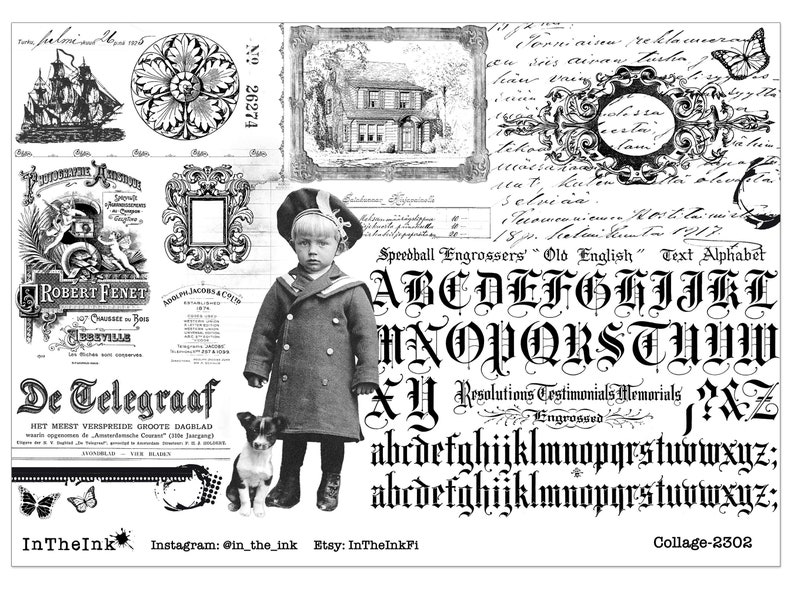 Printable Vintage Collage Paper, Black & White, Junk Journal, Instant