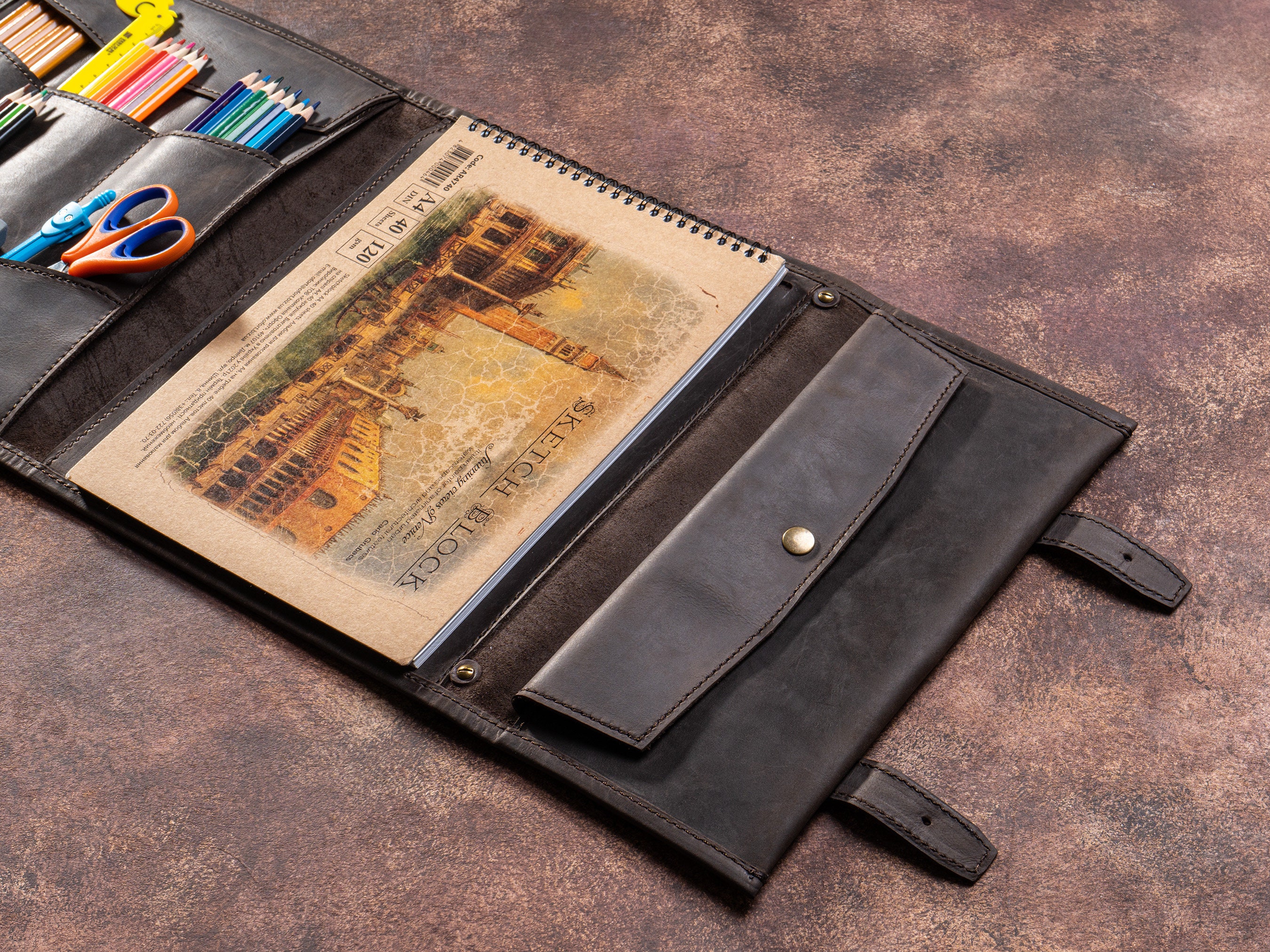 Leather Portfolio, A4 Notebook Cover, Leather Album Cover, Pencil and