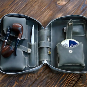 Leather Pipe Case - Zippered Pouch for 2 Pipes-Leather Pipe Pouch - Stylish Gray  Tobacco  Bag for Smokers-A gift for a husband-Gift for dad