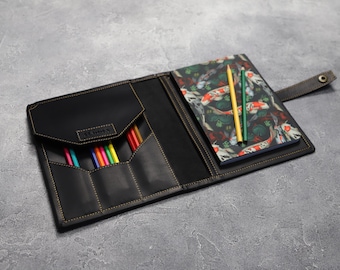 Handmade Black Leather Sketchbook Cover: Personalized A5 Sketch Pad