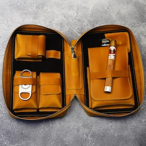 Portasigari in pelle - Portasigari in pelle - Custodia in pelle gialla per kit sigari - Humidor da viaggio per sigari - Accessori per sigari - Regalo per marito