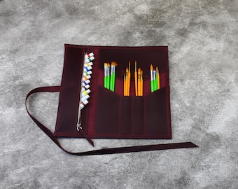Handmade Leather Brush Roll, Personalized Artist Painting Case
