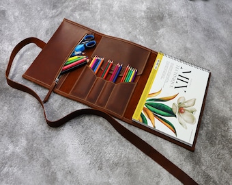 leather drawing album cover, Drawing pad, Pen case, Personalized leather journal cover, Christmas gift for artist, , Sketchbook cover