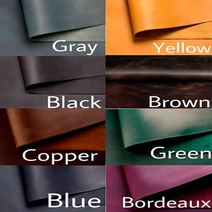 May include: A color palette showcasing swatches of leather in various shades. The colors include gray, yellow, black, brown, copper, green, blue, and bordeaux. Each swatch is labeled with its corresponding color name in white text.