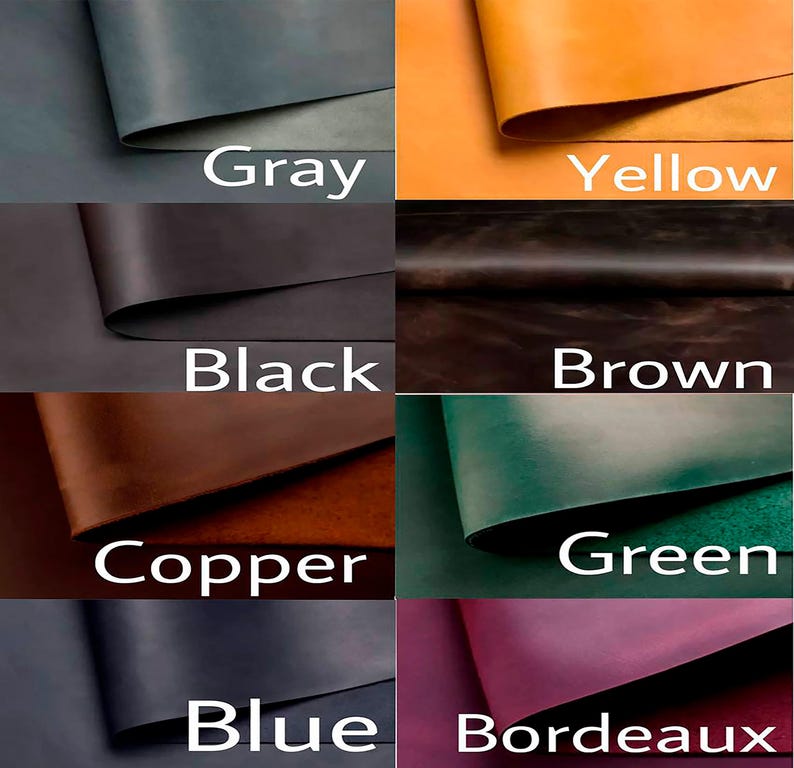 May include: A color palette showcasing swatches of leather in various shades. The colors include gray, yellow, black, brown, copper, green, blue, and bordeaux. Each swatch is labeled with its corresponding color name in white text.