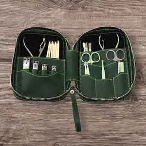 Personalized Green Leather Manicure Set Case: Grooming Gift Organizer