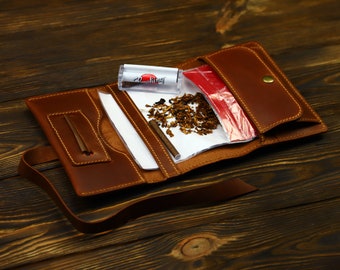 Custom Leather Tobacco Pouch, Handmade Roll Up Case
