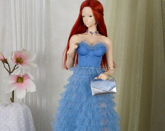 Luxurious Ruffled Blue Gown for Feeple65 and Similar 1/3 BJD Dolls – OOAK with Accessories Option