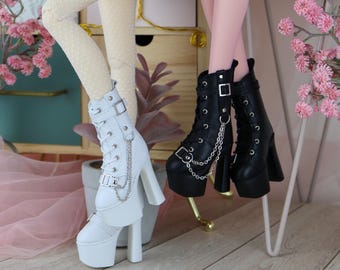 High Heel Platform Boots for BJD Minifee & Iplehouse FID | Genuine Leather Doll Shoes | White or Black | For High Heel Feet Only