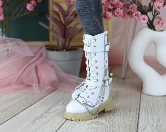 White/black Leather Combat Boots with Zipper for Minifee & Iplehouse FID Dolls | 5.5 cm Foot