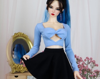 Feeple65 Doll Top and Skirt, BJD Outfit, Stretch Top with Back Closure, Black Skirt, Doll Clothes Feeple 65, Handmade BJD Clothing 1/3