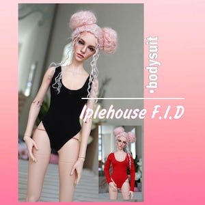 May include: Two dolls wearing black and red bodysuits. The dolls have pink hair and are standing in front of a pink and white background. The text "Iplehouse F.I.D. bodysuit" is visible in the image.