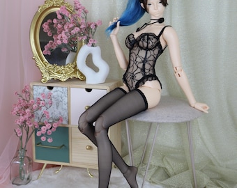 Black Lace Bodysuit with Stockings for Feeple65 BJD – Custom Made Lingerie Set
