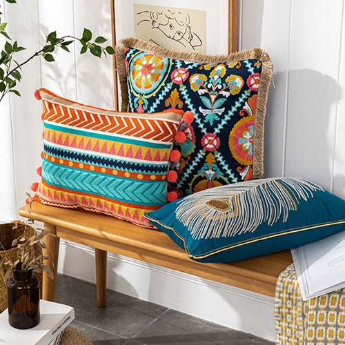 Ethnic Embroidery Cotton Cushion Cover Throw Pillow Case Sofa Square 18"x18" New 