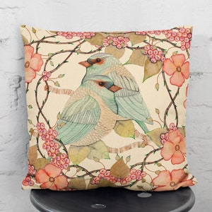 Bird in the garden print Pillow cover-Farmhouse Throw pillow cover-Sofa Decorative cushion cover-Vintage Square Pillow case-Home Gift