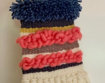 Colourful Woven Wall Hanging - Small Weave - Pom Poms - Stripes - Blue Pink Coral Cream Mustard - Home Decor - Wool - Bright Colours