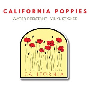 CALIFORNIA Poppies  Vinyl Water-resistant Sticker, California, Poppy Flowers, state flower, Sticker