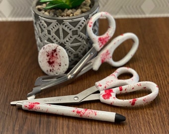 True Crime Themed Glittered Scissors, Pen and/or Badge Reel | Custom Glitter Scissors | Glitter Pen | Glitter Badge Reel