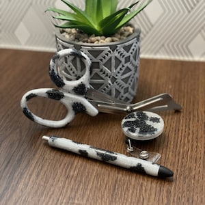 Cow Print Glittered Scissors, Pen and/or Badge Reel | Custom Glitter Scissors | Glitter Pen | Glitter Badge Reel