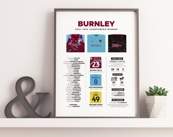 Burnley 2022/23 Championship Winners Season Infographic Poster | Vincent Kompany, Burnley Print, Burnley Gift | Birthday Gift