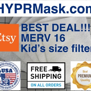 Op de afbeelding: Witte MERV 16 luchtfilters voor kinderen, met de tekst "BEST DEAL!!!" en "Kindermaat filters". De afbeelding bevat ook een blauw en wit label met "GRATIS VERZENDING OP ALLE BESTELLINGEN", een gouden zegel met de tekst "Beste PREMIUM Kwaliteit" en een rood, wit en blauw label met "USA".