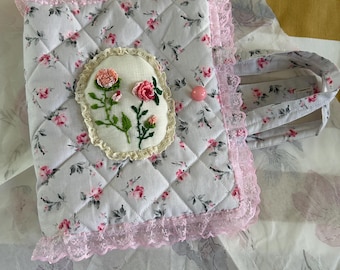Lace detailed,  fiberfilled quilted stitched floral pattern, rose embroidered fabric bible, diary or book cover with handle