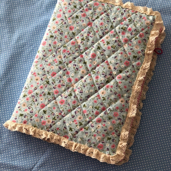 Quilted Fabric book or bible cover with lace detailed .