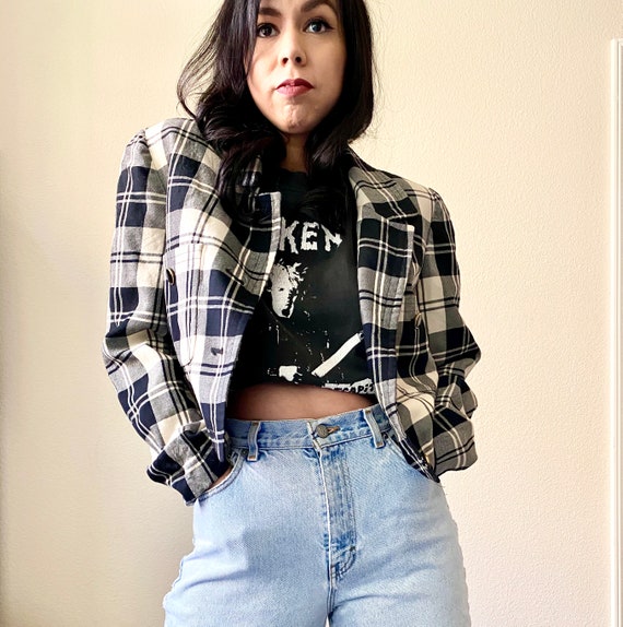Vintage 1980s Boxy Cropped Plaid Double Breasted B