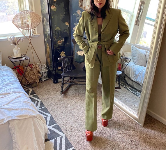 1990s- Y2k- Tie Waist 2 Piece Pant Suit- Neutral G