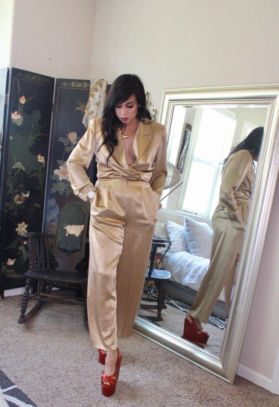 Gold Satin- Working Woman Empire Waist Jumpsuit