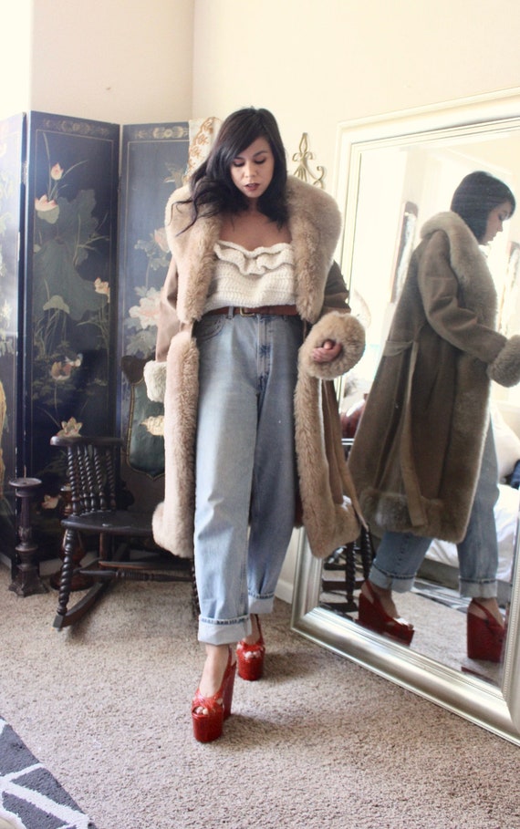1970s Suede- Shearling coat With Lambskin Fur embe