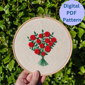 Red Rose Bouquet Embroidery Pattern | Valentines Gift | Embroidery Tutorial PDF Pattern | Floral Embroidery Hoop | Mother&#39;s Day Gift