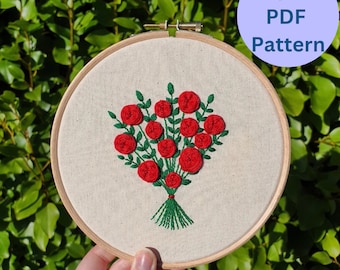 Red Rose Bouquet Embroidery Pattern | Valentines Gift | Embroidery Tutorial PDF Pattern | Floral Embroidery Hoop | Mother's Day Gift