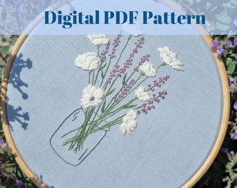 Floral Mason Jar Beginner Digital Embroidery Pattern | Learn Embroidery | Embroidery PDF | Floral Embroidery Hoop | Flower Embroidery