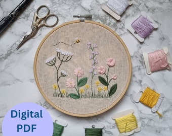 Wildflowers Beginner Embroidery Pattern | Learn Embroidery | Embroidery Tutorial PDF Pattern | Floral Embroidery Hoop | Flower Embroidery