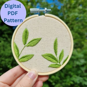 Green Leaves Beginner Embroidery Pattern | Learn Embroidery | Embroidery Tutorial PDF Pattern | Leaf Embroidery Hoop | Botanical Embroidery