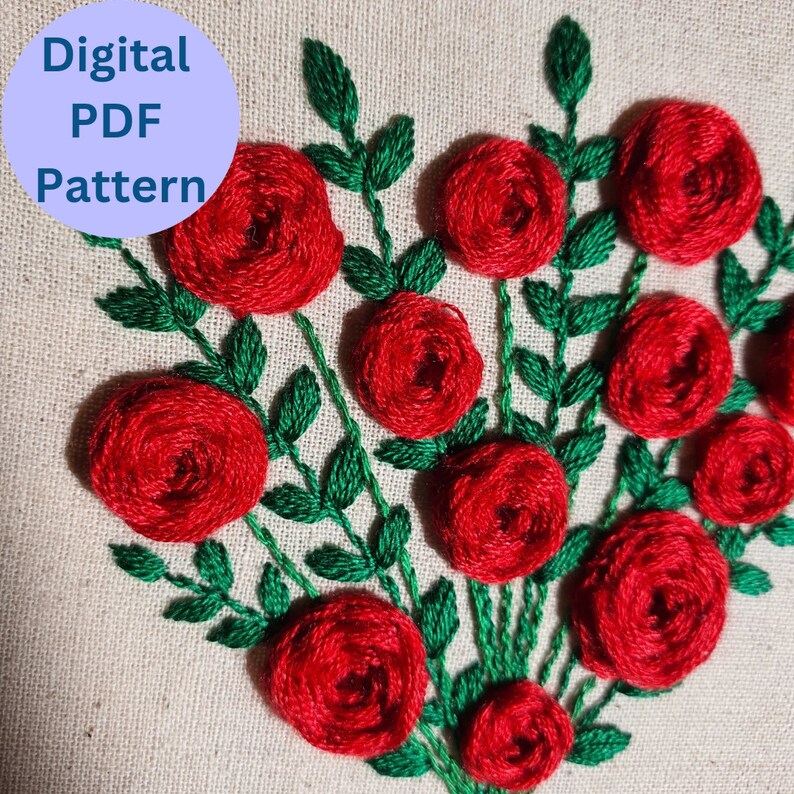 Red Rose Bouquet Embroidery Pattern Valentines Gift Embroidery Tutorial