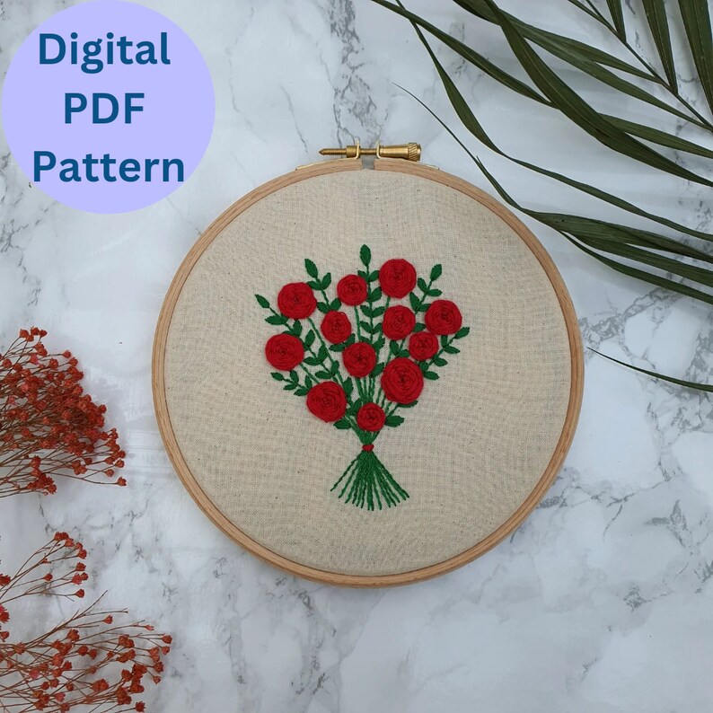Red Rose Bouquet Embroidery Pattern Valentines Gift Embroidery Tutorial