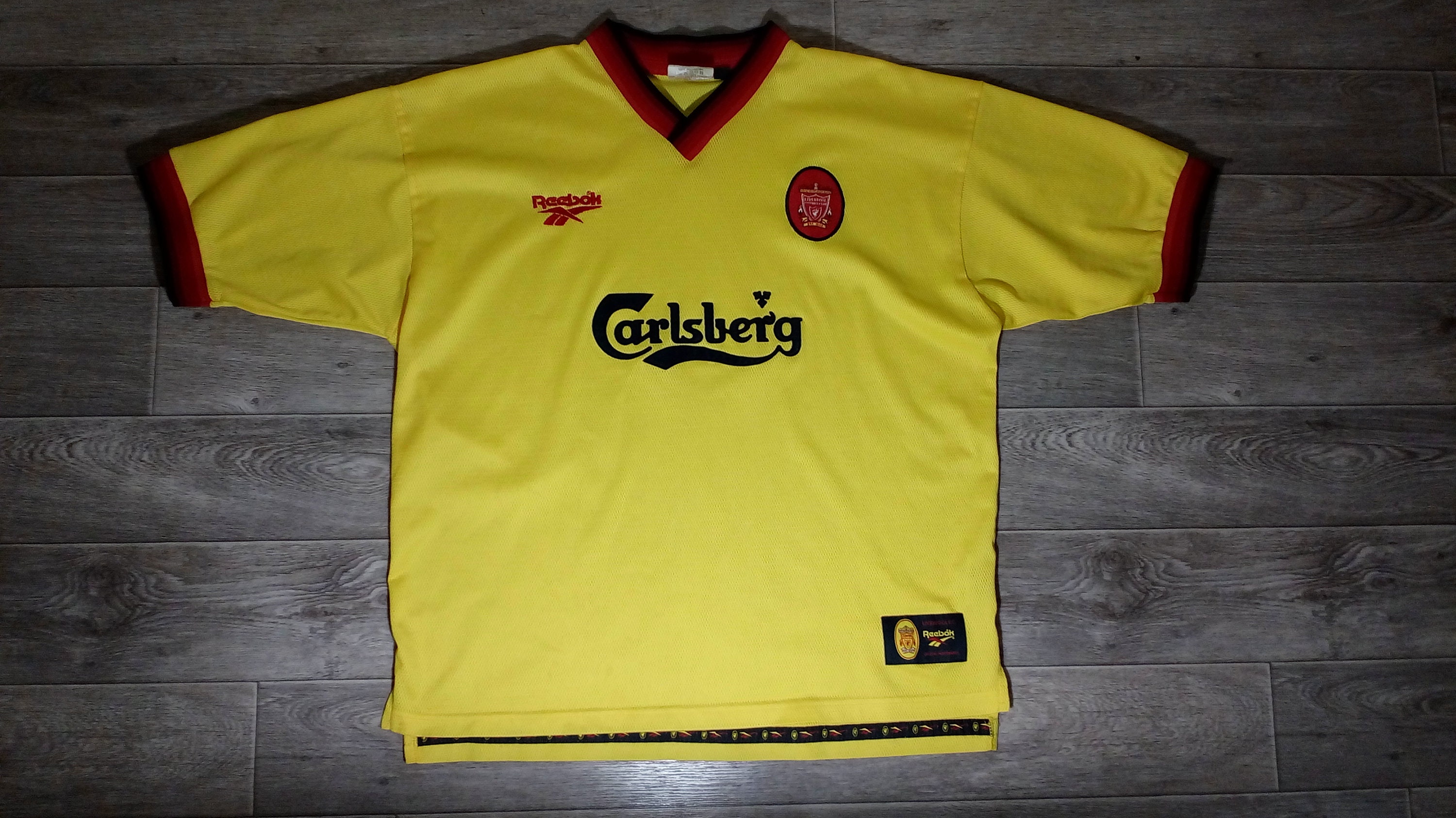 Vintage Reebok Liverpool Away Carlsberg Yellow 1997 Football Shirt