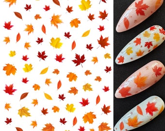 Nail Art Water Decals - Autumn Leaves Orange Red & Brown Maple Leaf