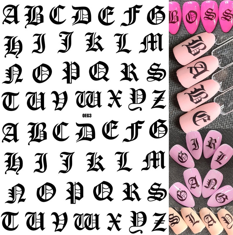 Nail Art Water Decals - Old English Gothic Font Capital Letters - 2x each letter 